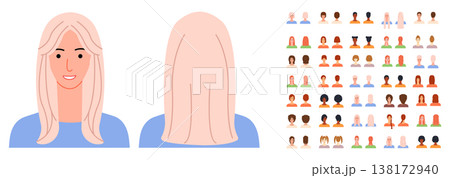 Flat color hairstyle collection with multiple angles including front and back views, modern minimal vector style with  138172940