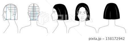 Black and white bob haircut diagram showing structure, sectioning and cutting lines with front and back views, clean 138172942