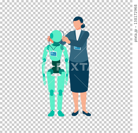 An AI robot working as part of a team alongside a female office worker. Revitalizing the organization and creating a next-generation work style. An AI robot working as part of a team alongside a female office worker. Revitalizing the organization and creating a next-generation work style. 138172968