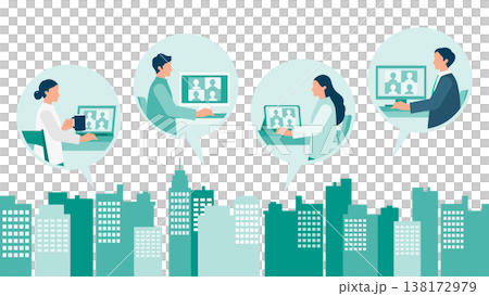 様々な場所から繋がるハイブリッドワークの男女 様々な場所から繋がるハイブリッドワークの男女 138172979