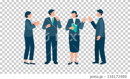 四名男女在辦公室站著進行非正式會面。 四名男女在辦公室站著進行非正式會面。 138172980