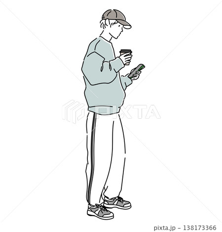 東京ファッションスナップ 春 メンズスポーツミックスコーデ ラインパンツの男性イラスト 138173366