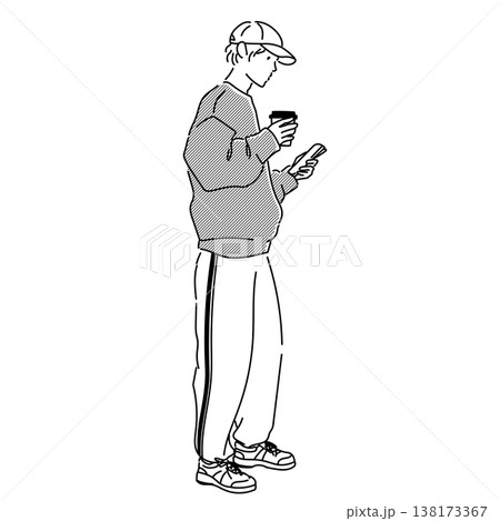 東京ファッションスナップ 春 メンズスポーツミックスコーデ 男性の線画イラスト 138173367