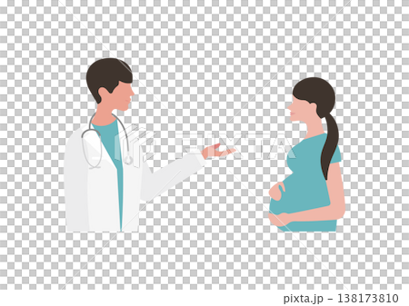 向量圖:一位醫生正在向一位孕婦(面向右側)講解醫學知識。 向量圖:一位醫生正在向一位孕婦(面向右側)講解醫學知識。 138173810
