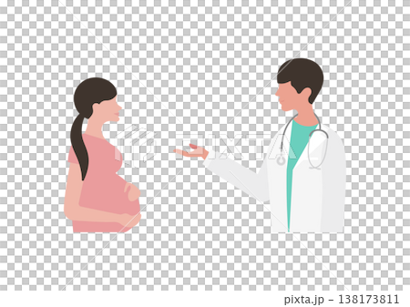 向量圖：一位醫生正在向一位孕婦（面向左邊）講解醫學知識。 138173811