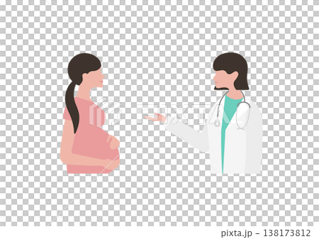 向量圖:一位女醫生正在向一位孕婦(面向左邊)講解醫學知識。 向量圖:一位女醫生正在向一位孕婦(面向左邊)講解醫學知識。 138173812
