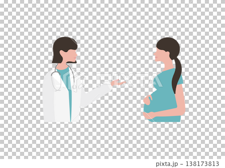 向量圖:一位女醫生正在向一位孕婦(面向右側)講解醫學知識。 向量圖:一位女醫生正在向一位孕婦(面向右側)講解醫學知識。 138173813