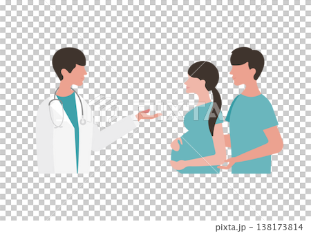 醫生向一對孕婦夫婦(面向右側)講解醫學資訊的向量插圖 醫生向一對孕婦夫婦(面向右側)講解醫學資訊的向量插圖 138173814