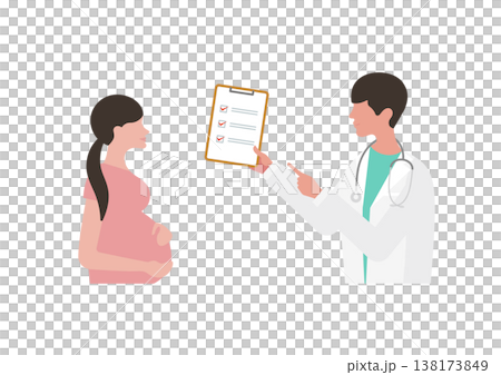 一位孕婦和一位拿著檢查清單的醫生的向量插圖（醫生面向左側）。 138173849