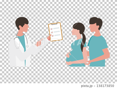 向量圖描繪了一對懷孕夫婦和一位拿著檢查清單的醫生（醫生面向右側）。 138173850