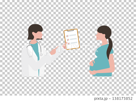 向量圖：一位孕婦和一位手持檢查清單的女醫生（醫生面向右側） 138173852