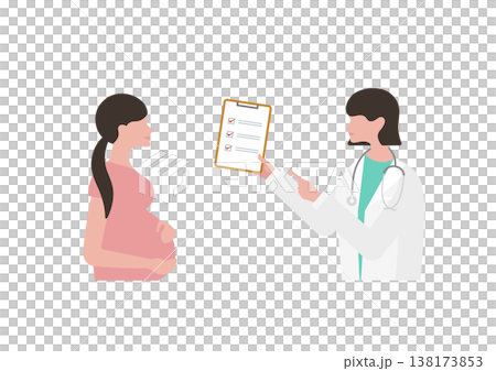 Vector illustration of a pregnant woman and a female doctor holding a checklist (doctor facing left) 138173853
