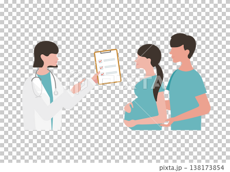 向量圖描繪了一對懷孕夫婦和一位手持檢查清單的女醫生(醫生面向右側)。 向量圖描繪了一對懷孕夫婦和一位手持檢查清單的女醫生(醫生面向右側)。 138173854