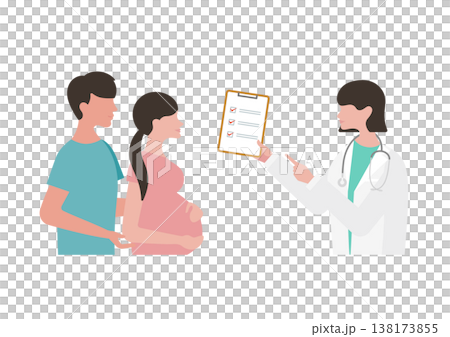向量圖描繪了一對懷孕夫婦和一位手持檢查清單的女醫生（醫生面向左側）。 138173855