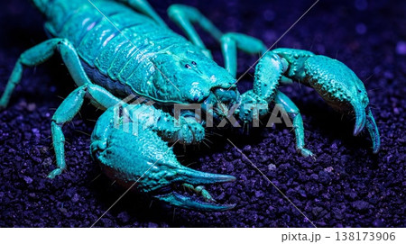 Bright Macro Reveal Of Venomous Arachnid. Detailed Shot Of Glowing Scorpion With Textured Shell 138173906