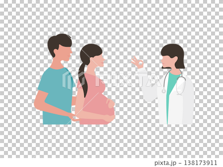 向量圖：一位女醫生向一對孕婦夫婦（面向左）比出OK手勢 138173911