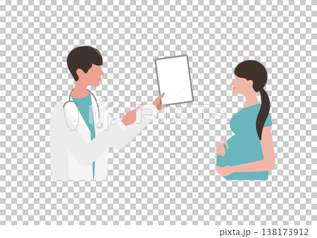 Vector illustration of a doctor explaining medical information to a pregnant woman using a tablet (facing right, blue). Vector illustration of a doctor explaining medical information to a pregnant woman using a tablet (facing right, blue). 138173912