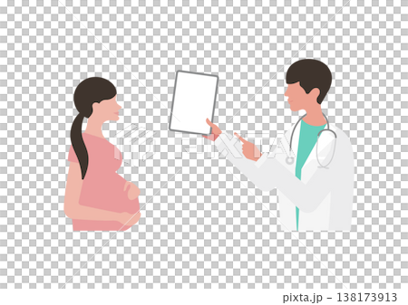 向量圖:一位醫生正在使用平板電腦向一位孕婦(面向左側)解釋醫學資訊。 向量圖:一位醫生正在使用平板電腦向一位孕婦(面向左側)解釋醫學資訊。 138173913