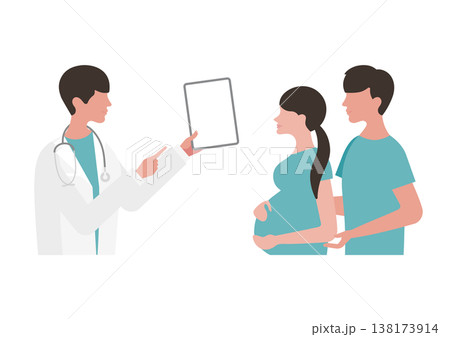 妊婦夫婦にタブレットで医療説明をする医師のベクターイラスト素材(右向き・ブルー) 妊婦夫婦にタブレットで医療説明をする医師のベクターイラスト素材(右向き・ブルー) 138173914