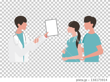 妊婦夫婦にタブレットで医療説明をする医師のベクターイラスト素材(右向き・ブルー) 妊婦夫婦にタブレットで医療説明をする医師のベクターイラスト素材(右向き・ブルー) 138173914