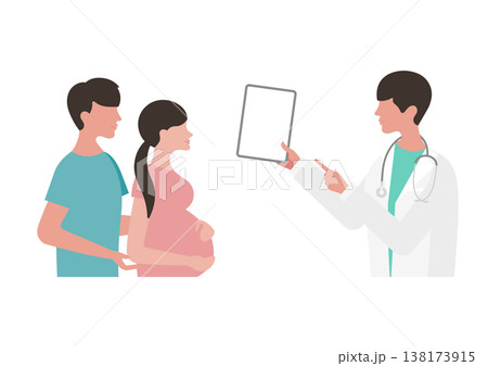 妊婦夫婦にタブレットで医療説明をする医師のベクターイラスト素材(左向き) 妊婦夫婦にタブレットで医療説明をする医師のベクターイラスト素材(左向き) 138173915