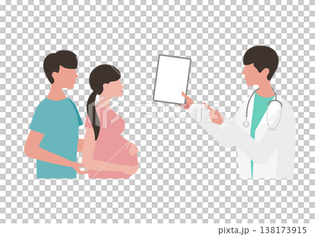 向量圖:一位醫生正在使用平板電腦向一對孕婦夫婦解釋醫學資訊(面向左側)。 向量圖:一位醫生正在使用平板電腦向一對孕婦夫婦解釋醫學資訊(面向左側)。 138173915