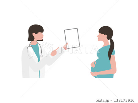 妊婦にタブレットで医療説明をする女医のベクターイラスト素材（右向き） 138173916