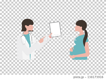 向量圖:一位女醫生正在使用平板電腦向孕婦(面向右側)解釋醫學資訊。 向量圖:一位女醫生正在使用平板電腦向孕婦(面向右側)解釋醫學資訊。 138173916