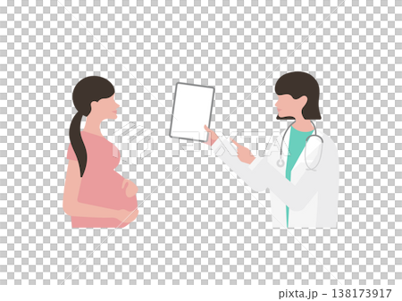 向量圖:一位女醫生正在使用平板電腦向孕婦(面向左側)解釋醫學資訊。 向量圖:一位女醫生正在使用平板電腦向孕婦(面向左側)解釋醫學資訊。 138173917