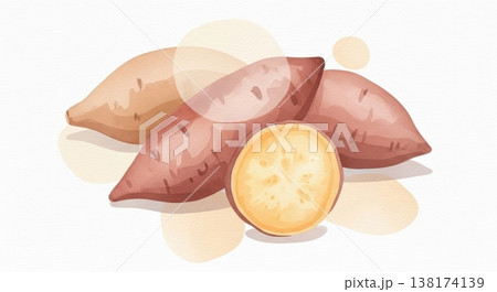 みずみずしく新鮮なサツマイモの淡い水彩イラスト 柔らかいタッチのナチュラル野菜素材　 138174139