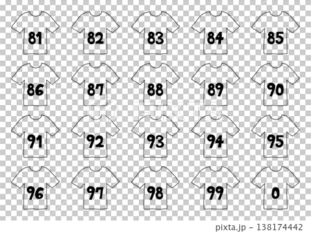 A set of hand-drawn illustrations of shirts with the numbers 0 and 81 through 99 written on them. 138174442