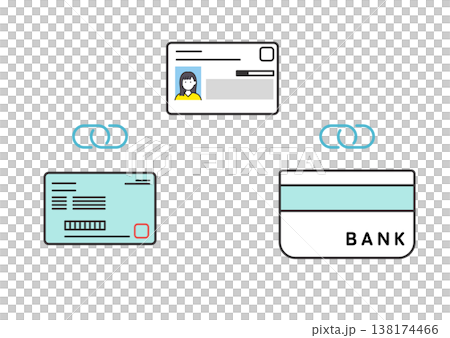 マイナンバーカードと保険証・銀行口座の紐づけを表すシンプルベクターイラスト マイナンバーカードと保険証・銀行口座の紐づけを表すシンプルベクターイラスト 138174466