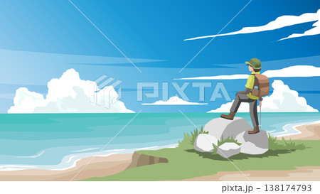 Vector illustration of a traveler with a backpack standing on rocks. Looking out at the viewpoint the vast ocean and blue sky. Representing freedom adventure and solo travel. Vector illustration of a traveler with a backpack standing on rocks. Looking out at the viewpoint the vast ocean and blue sky. Representing freedom adventure and solo travel. 138174793