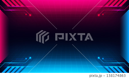 Futuristic neon digital grid background with pink and blue glowing circuit accents for gaming and technology wallpaper 138174863