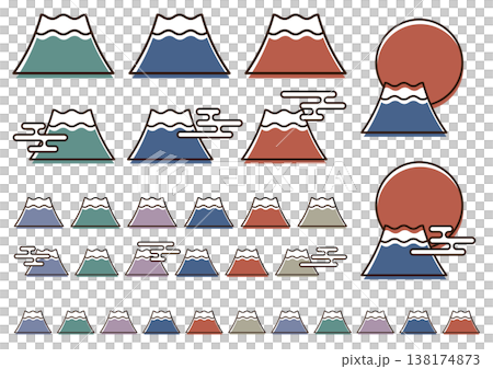 一組復古風格的富士山圖案印刷品，看起來略微錯位。 138174873