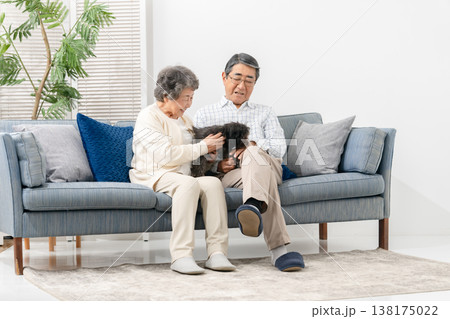 リビングで犬と過ごすシニア夫婦 リビングで犬と過ごすシニア夫婦 138175022