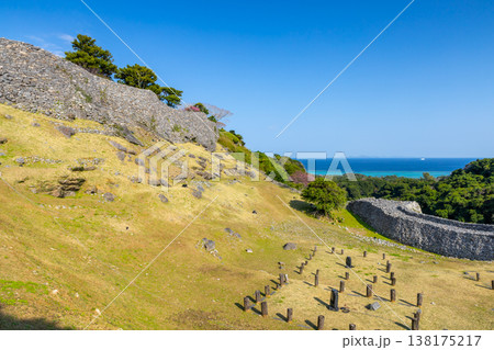 沖縄県国頭郡今帰仁村今泊 世界文化遺産今帰仁城跡の高台から早咲きの琉球寒緋桜と城跡と青い海の眺望 沖縄県国頭郡今帰仁村今泊 世界文化遺産今帰仁城跡の高台から早咲きの琉球寒緋桜と城跡と青い海の眺望 138175217
