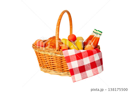 A woven basket filled with fruits and juices, isolated on white, PNG A woven basket filled with fruits and juices, isolated on white, PNG 138175500