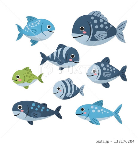 Cute Cartoon Fish Characters Swimming Together Underwater Scene 138176204