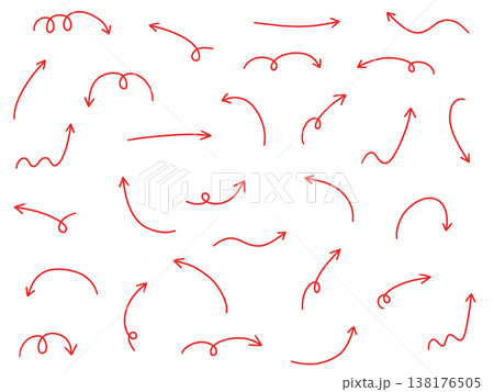 手書きのゆるい矢印アイコンのベクターイラストセット。方向、手描き、シンプル、やじるし 138176505