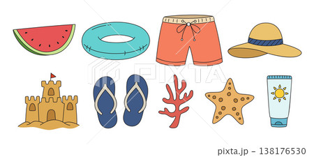 Summer beach flat design and vacation elements in doodle hand drawn style. 138176530