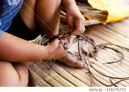 Hands of Indigenous Mangyan Woman Carefully Weaving a Traditional Basket from Bamboo Fibers in Mangyan Village, Talipanan, Puerto Galera, Oriental Mindoro, Philippines Hands of Indigenous Mangyan Woman Carefully Weaving a Traditional Basket from Bamboo Fibers in Mangyan Village, Talipanan, Puerto Galera, Oriental Mindoro, Philippines 138176732