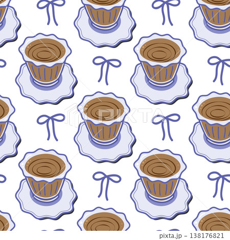 Seamless Pattern of minimal Coffee cup and ribbon bow in Mediterranean hand drawn style Flat design. Isolated Vector illustration Wrapping or Wallpaper backdrop Motivation or mood cards, media post  138176821