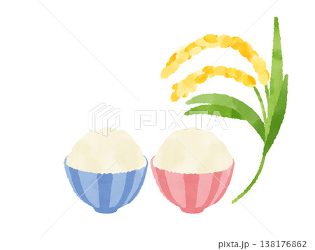 夫婦茶碗と稲穂 水彩 イラスト かわいい デフォルメ 青とピンク お米 和食 農業 素材 夫婦茶碗と稲穂 水彩 イラスト かわいい デフォルメ 青とピンク お米 和食 農業 素材 138176862