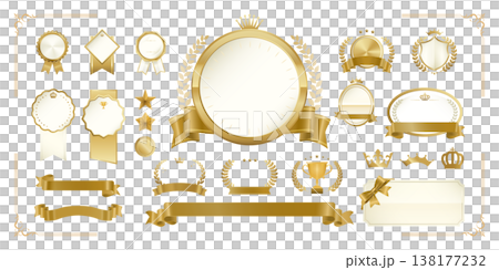 香檳金徽章與標籤套裝（無文字）| 月桂花環、皇冠、緞帶 - 高品質向量素材 138177232