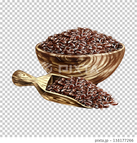 Flaxseed in a wooden bowl and scoop. Hand-drawn watercolor illustration. Element of label and packaging design, as well as banners, posters, and more Flaxseed in a wooden bowl and scoop. Hand-drawn watercolor illustration. Element of label and packaging design, as well as banners, posters, and more 138177266