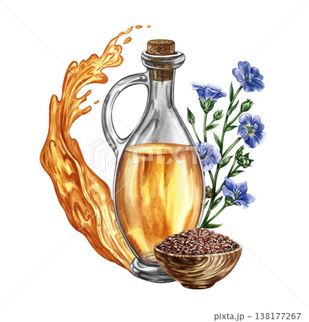 Flaxseed oil. Hand-drawn watercolor illustration. Glass bottle of oil, splash of oil, flax seeds in a wooden bowl, and flax flowers. Element of label and packaging design, banners, posters, and more. 138177267