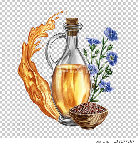 Flaxseed oil. Hand-drawn watercolor illustration. Glass bottle of oil, splash of oil, flax seeds in a wooden bowl, and flax flowers. Element of label and packaging design, banners, posters, and more. 138177267