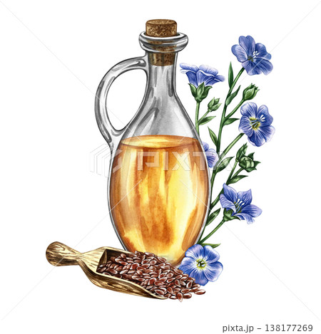 Flaxseed oil. Hand-drawn watercolor illustration. Glass bottle with oil, flax seeds in a wooden scoop, and flax flowers. Element of label and packaging design, banners, posters, and more. 138177269