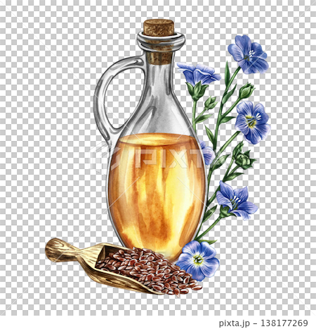 Flaxseed oil. Hand-drawn watercolor illustration. Glass bottle with oil, flax seeds in a wooden scoop, and flax flowers. Element of label and packaging design, banners, posters, and more. 138177269